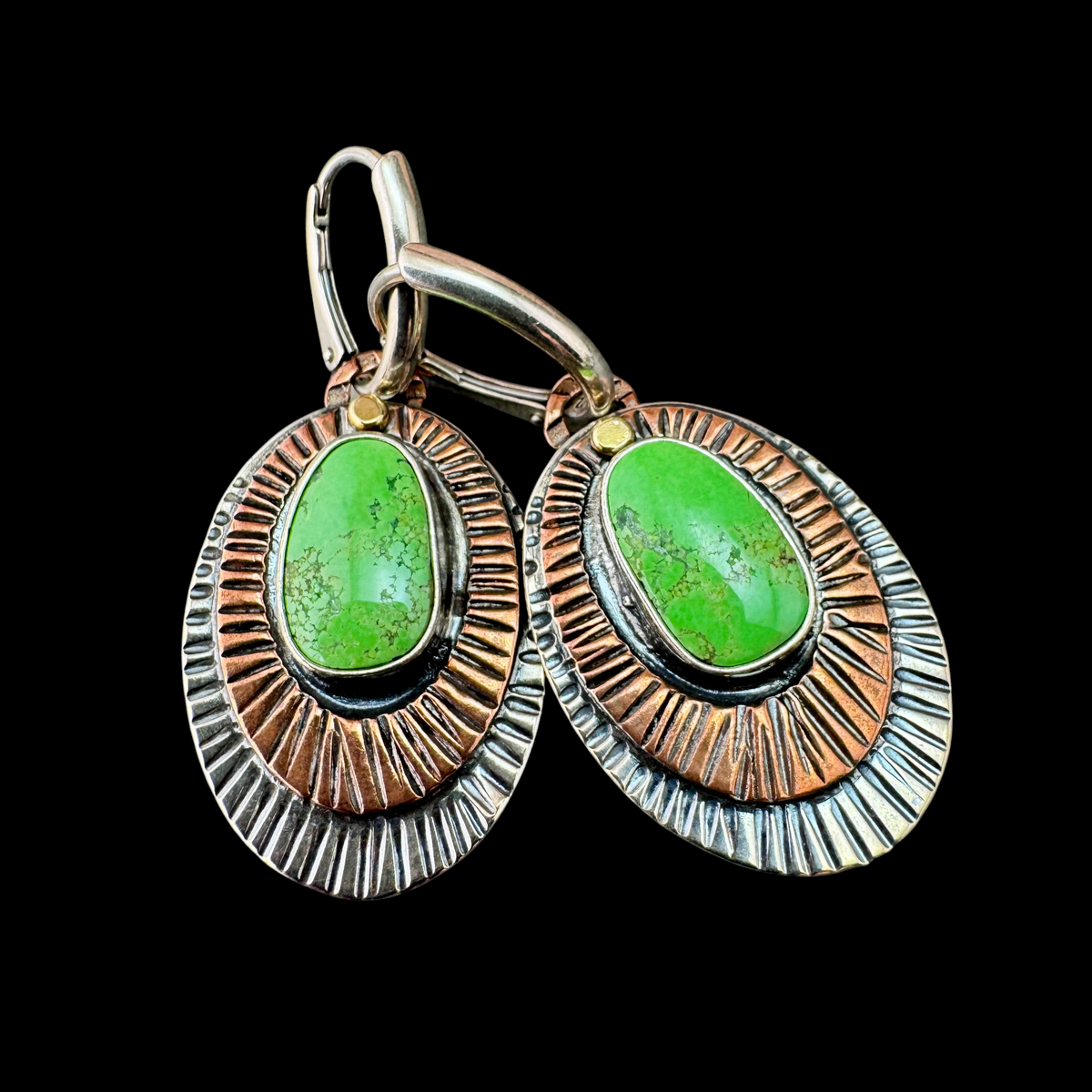 Pair of Gaspeite Mandala Oval Earrings in sterling silver, copper and 18k gold on sterling leverbacks