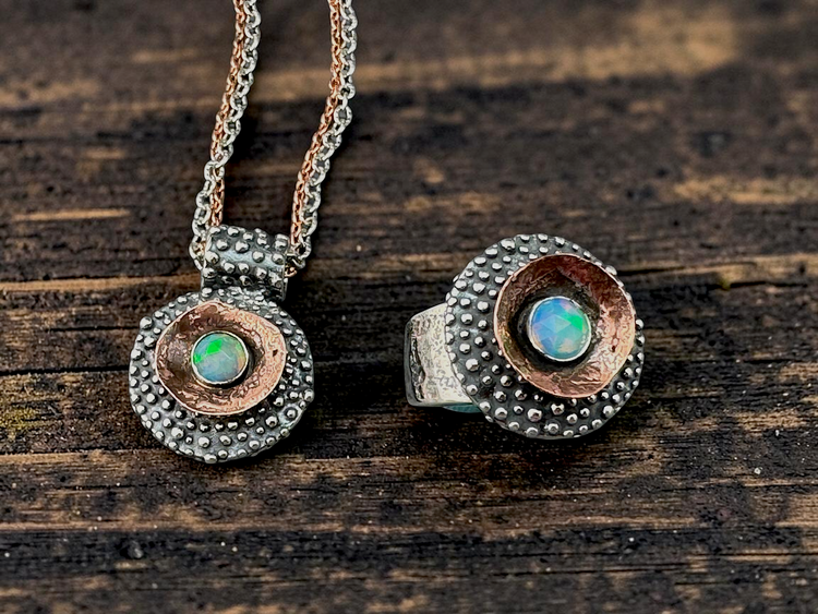 Stardust Collection: granulated sterling silver necklace and ring with copper cups and Ethiopian opals