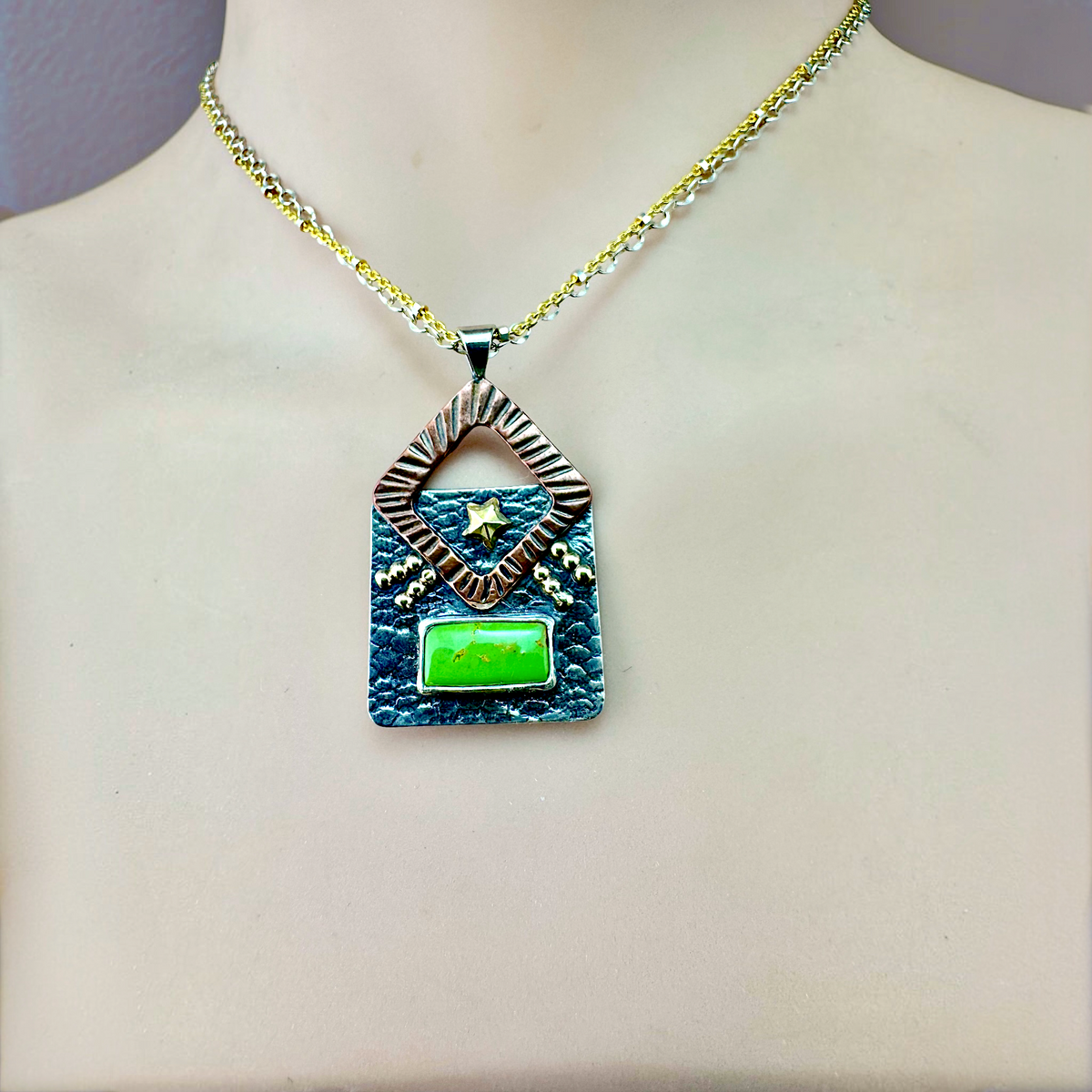 Gaspeite Frame Necklace worn