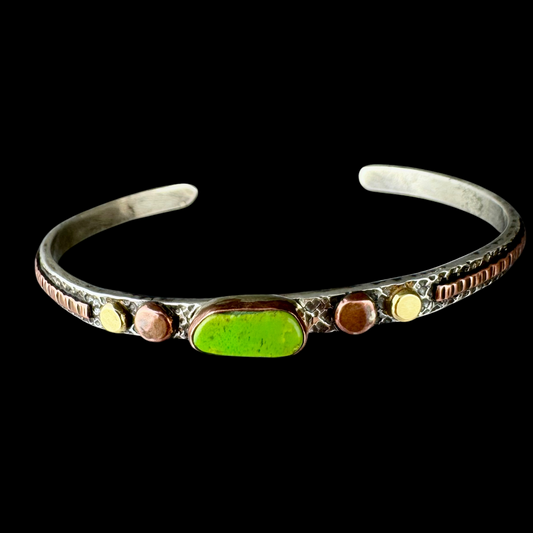 Gaspeite skinny cuff bracelet in sterling silver with copper and 18K gold dots
