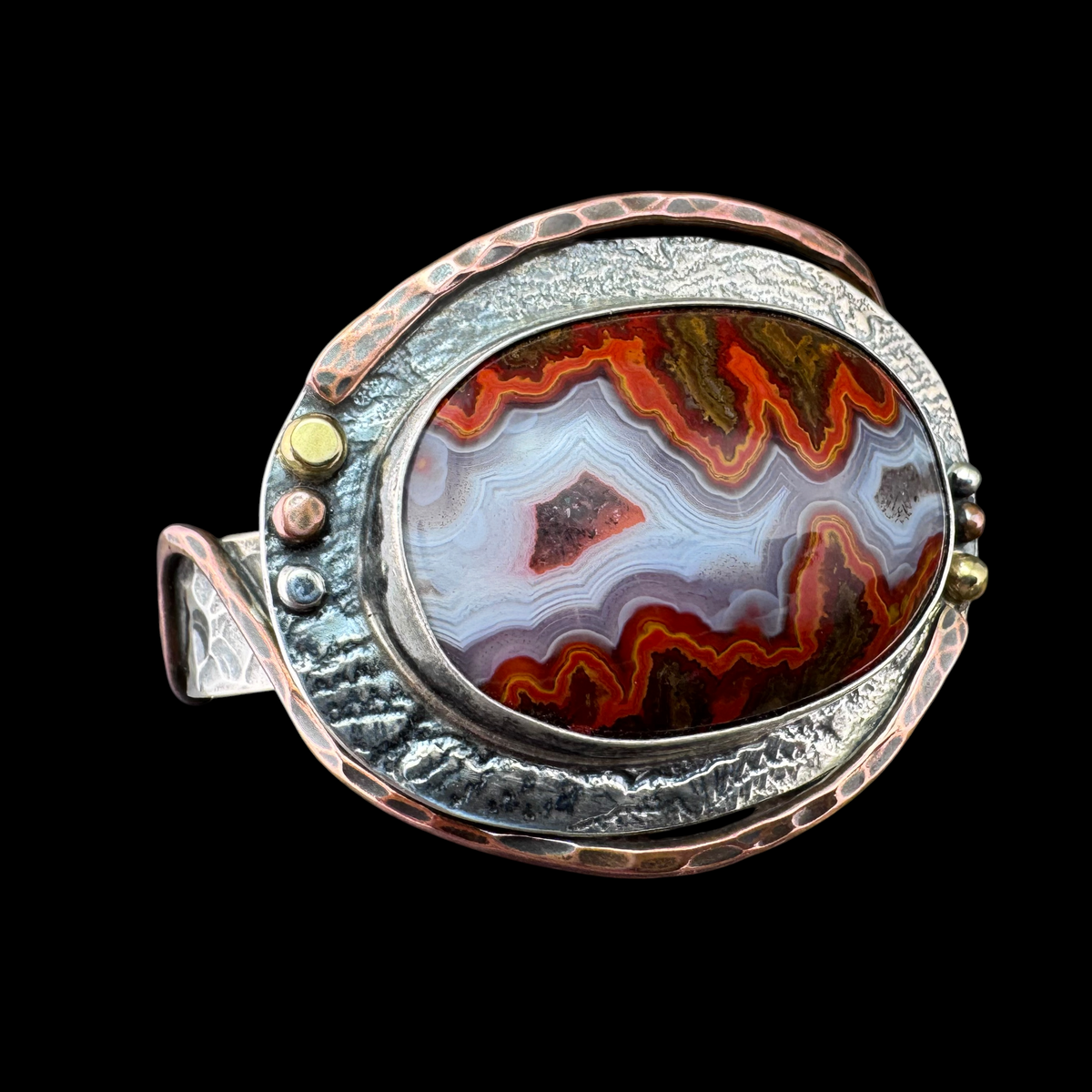 Moroccan Seam Agate cuff bracelet in sterling silver with hammered copper border