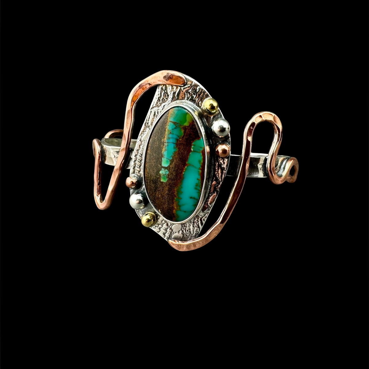 Opalized wood cuff bracelet in sterling silver with hammered copper swirls