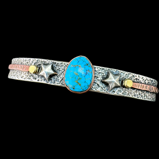 Royston Turquoise star cuff bracelet in sterling silver with two silver stars