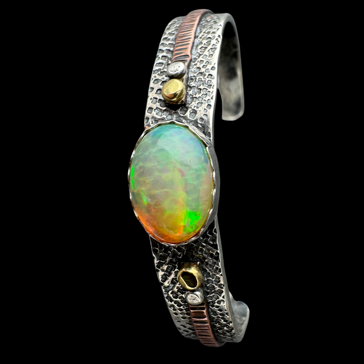 Ethiopian Opal cuff bracelet in sterling silver with 18K gold and copper accents