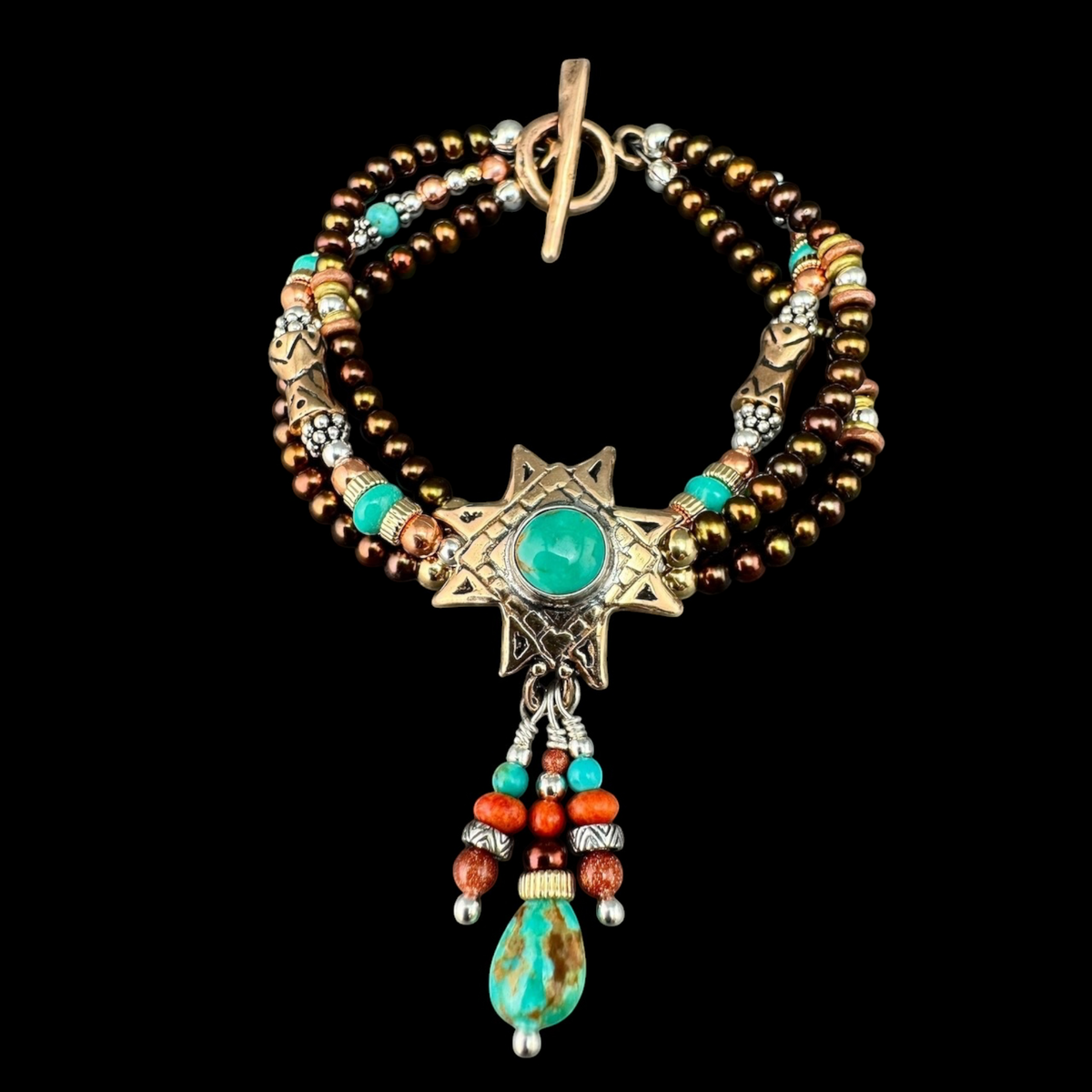 Kingman Turquoise Star Bracelet, three strands of bronze freshwater pearls with an Ancient Bronze star and turquoise drop