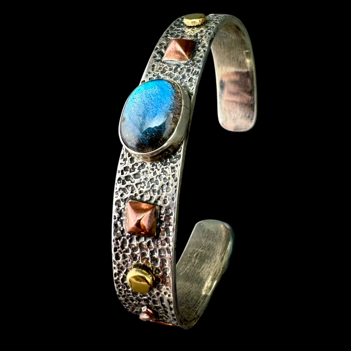 Aurora Labradorite cuff bracelet in textured sterling silver with copper pyramid studs and 18K gold dots