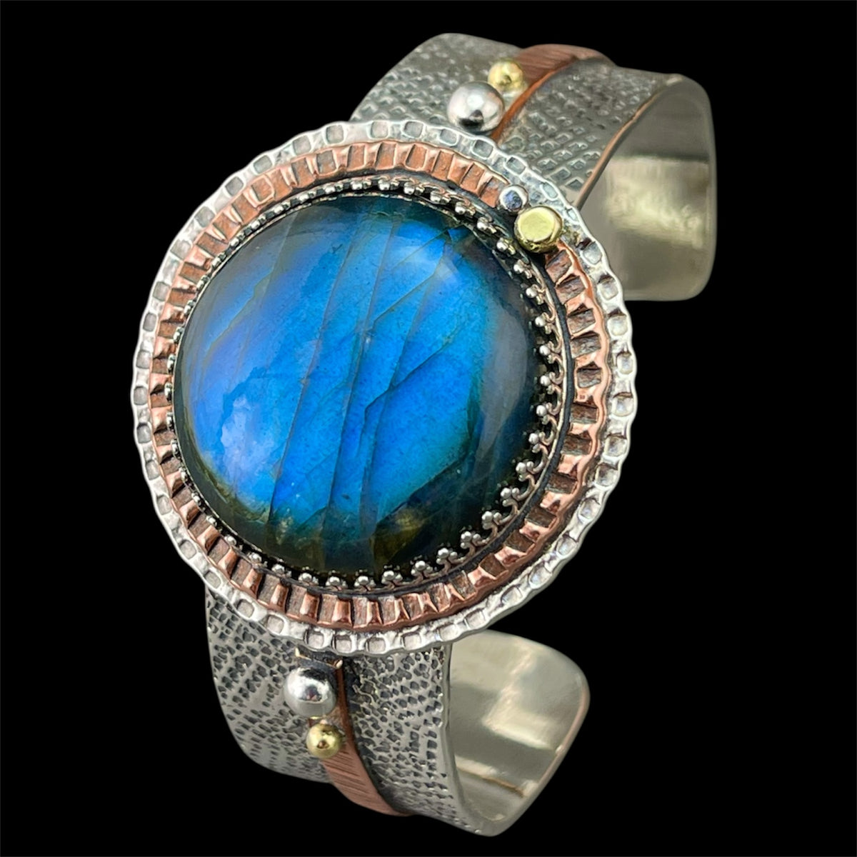 Labradorite Mandala cuff bracelet in sterling silver with copper and 18K gold