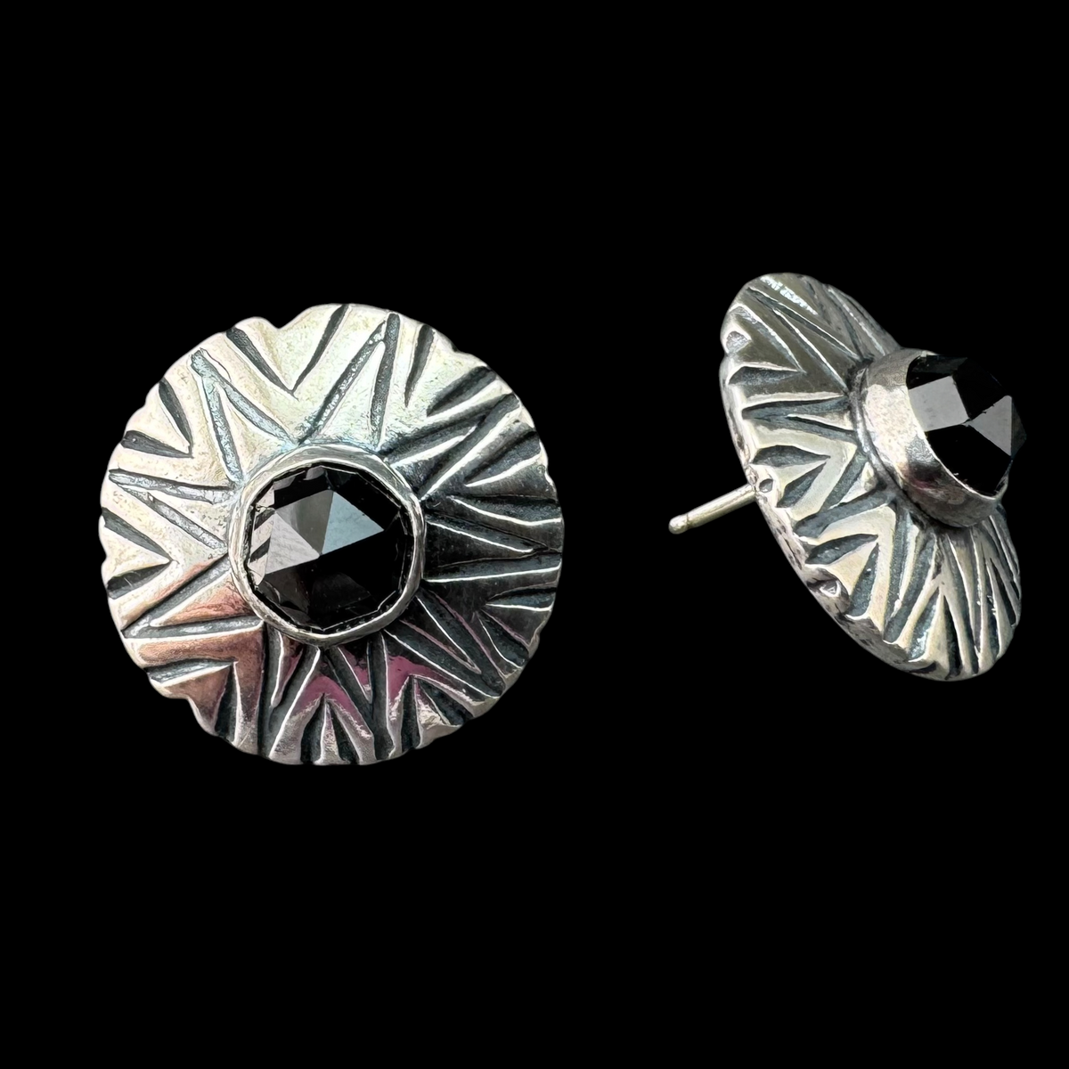 Black Spinel rosecut stud earrings in textured sterling silver
