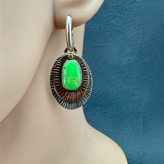 Gaspeite Mandala Oval Earrings shown on the ear, layered stamped copper and sterling silver ovals