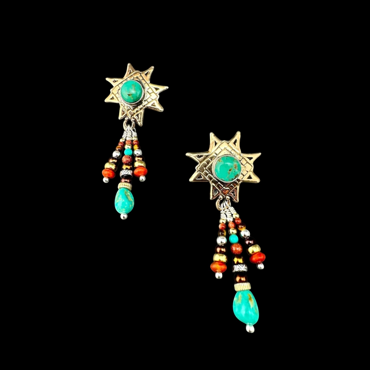 Pair of Kingman Turquoise Star Earrings with goldstone, pearl, coral and turquoise dangles