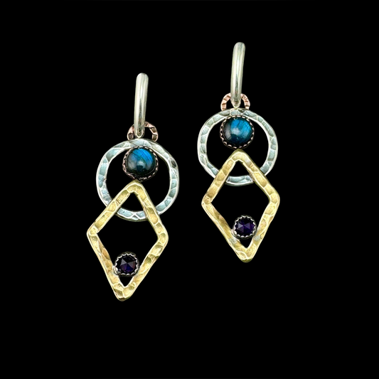 Pair of Labradorite and Amethyst Drop Earrings in sterling silver, bronze and copper