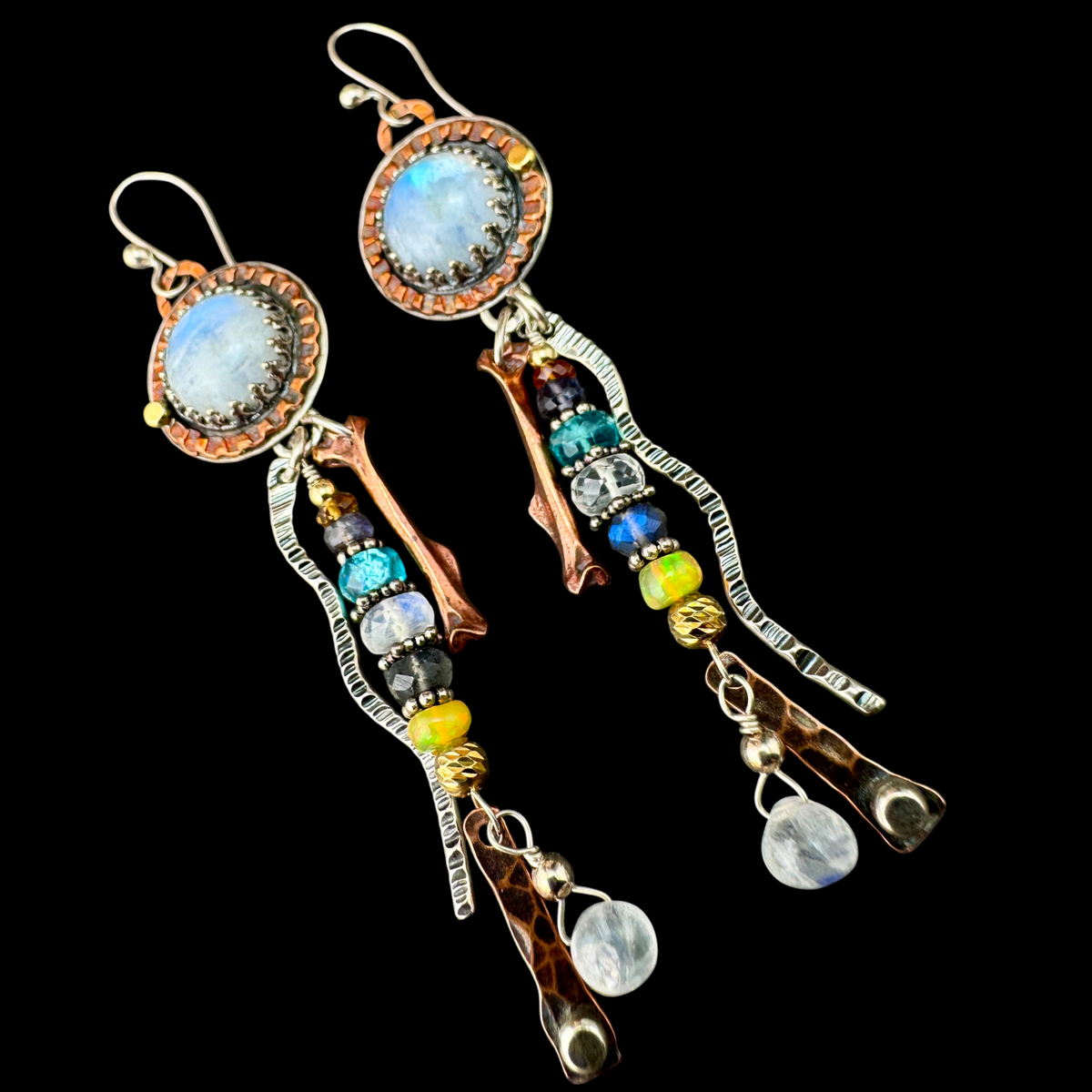 Pair of Moonstone Waterfall Dangle Earrings with opal, apatite, labradorite, sunstone and a cast red bronze bird bone
