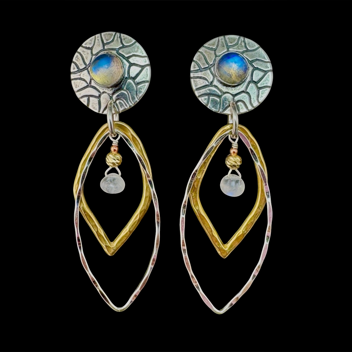 Pair of Moonstone Leaf Drop Earrings on sterling silver posts with moonstone briolette drops