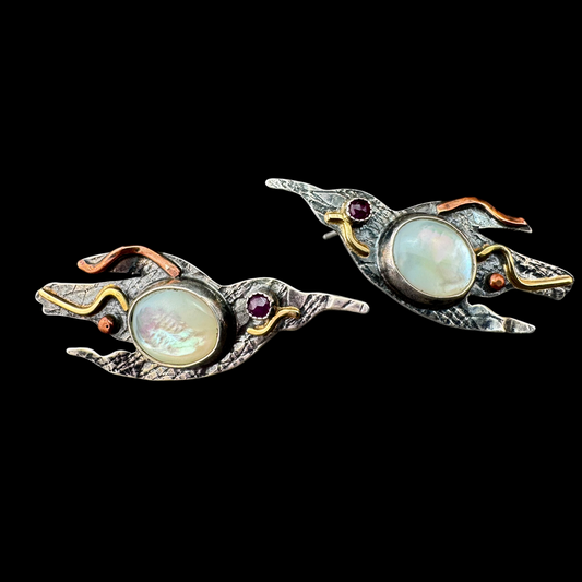 Mother of Pearl Swallow Earrings in textured sterling silver with garnet eyes and gold feathering