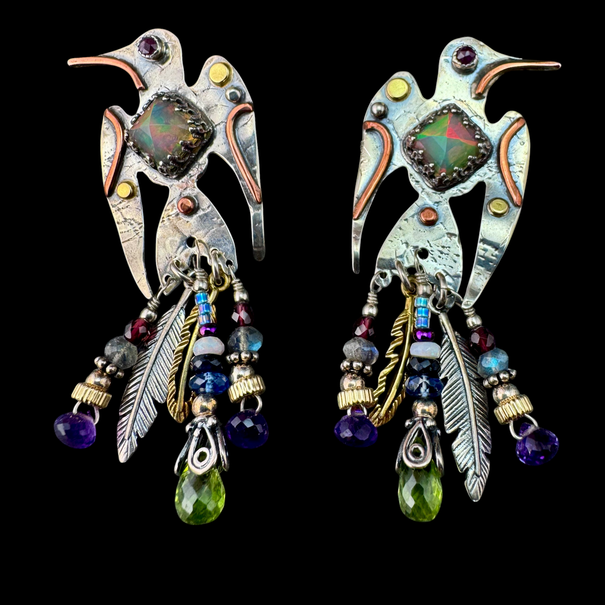 Pair of Opal and Amethyst Hummingbird Earrings in sterling silver with copper and 18k gold accents