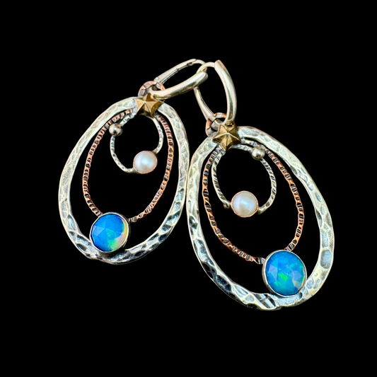 Pair of Opal and Pearl Orbit Earrings with bronze stars on sterling silver leverbacks
