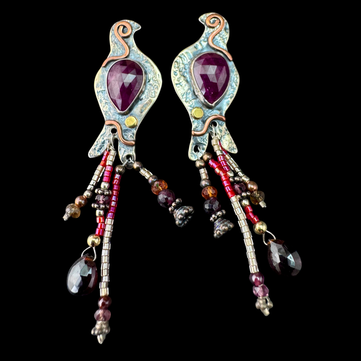 Pair of Ruby Quail Earrings with garnet, sapphire and glass bead feather dangles
