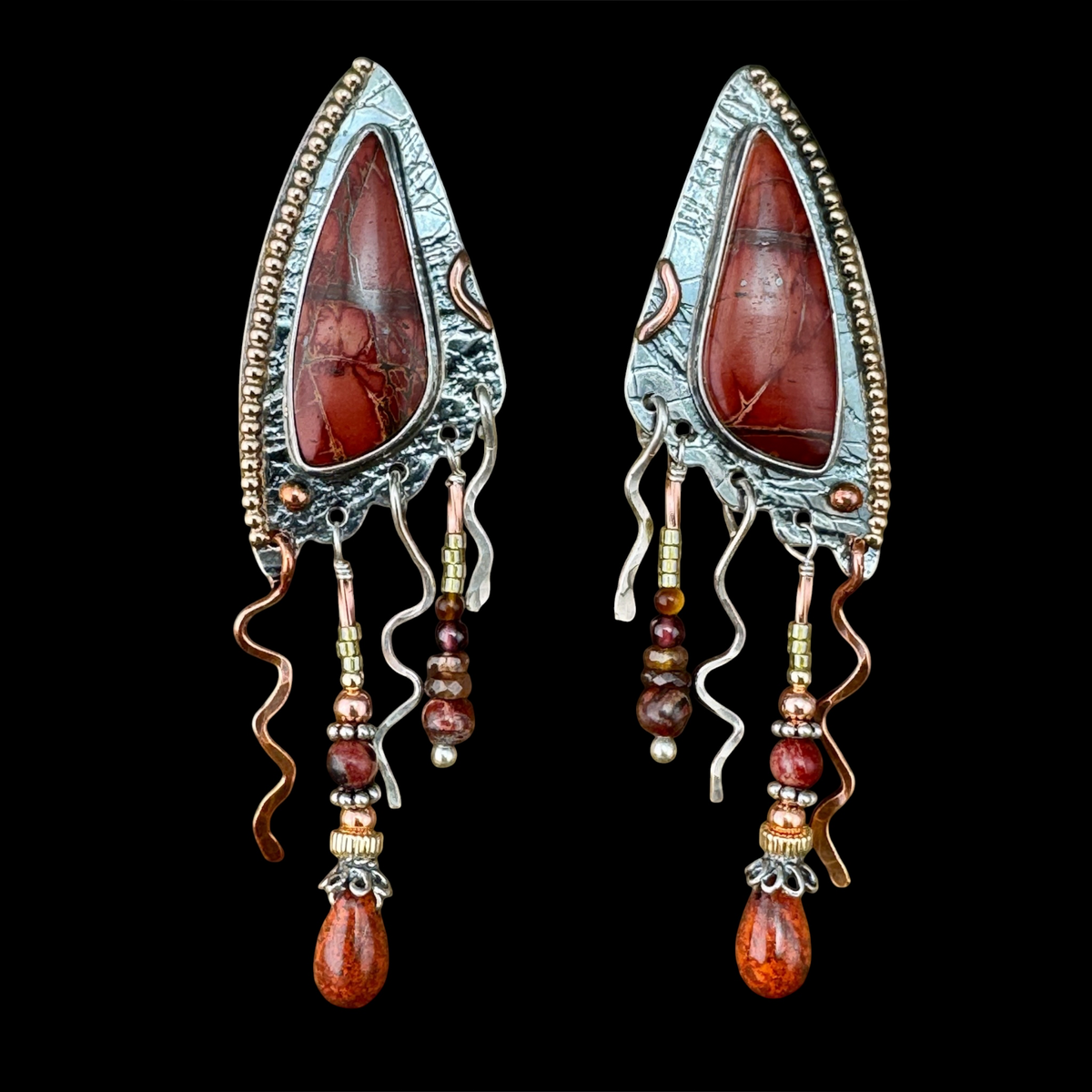 Pair of Red Jasper Shield Earrings with copper and silver squiggle dangles and beaded drops