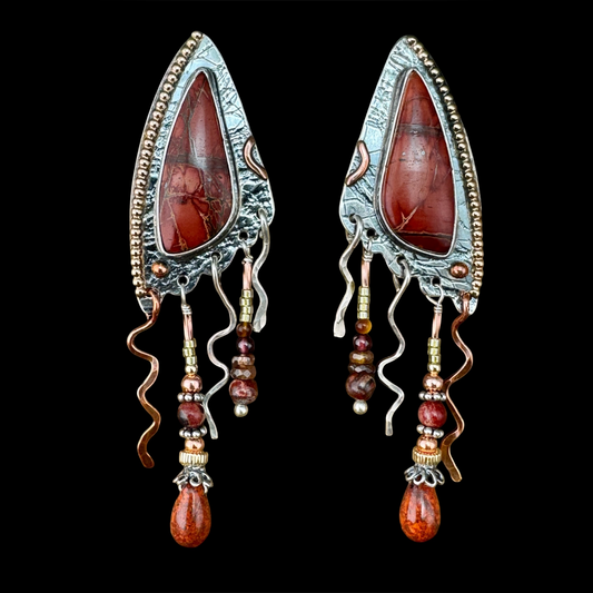 Pair of Red Jasper Shield Earrings with copper and silver squiggle dangles and beaded drops