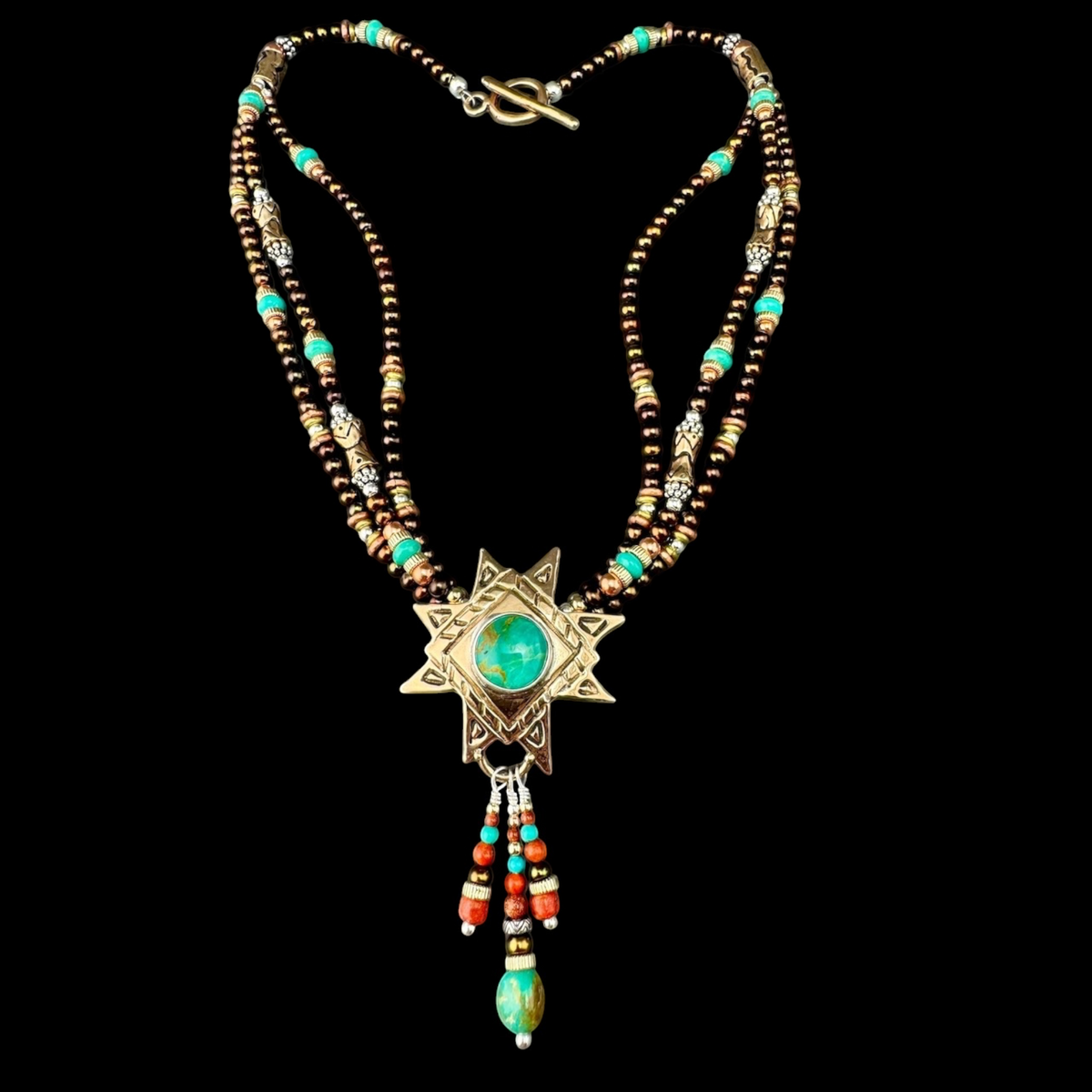 Kingman Turquoise Star Necklace, Ancient Bronze star with turquoise on two strands of bronze freshwater pearls