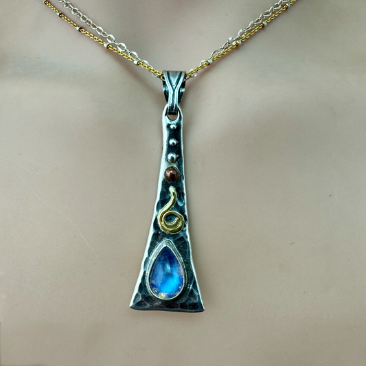 Rainbow Moonstone Triangle Flair Necklace worn, on a double chain of sterling silver and gold fill