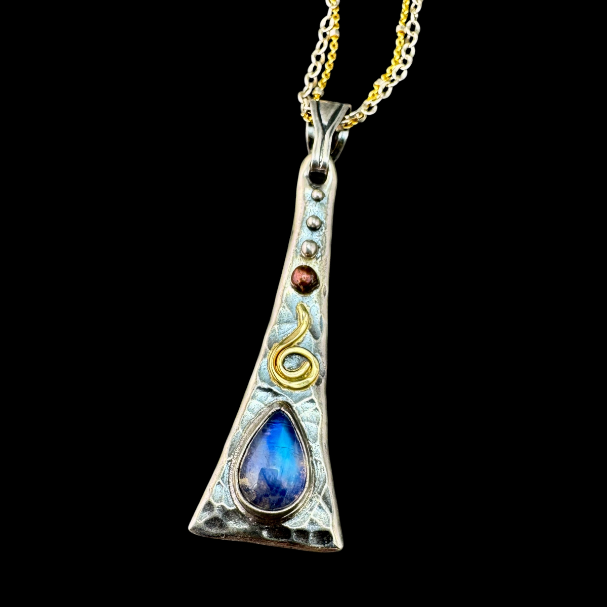 Rainbow Moonstone Triangle Flair pendant in hammered sterling silver with 18k gold spiral