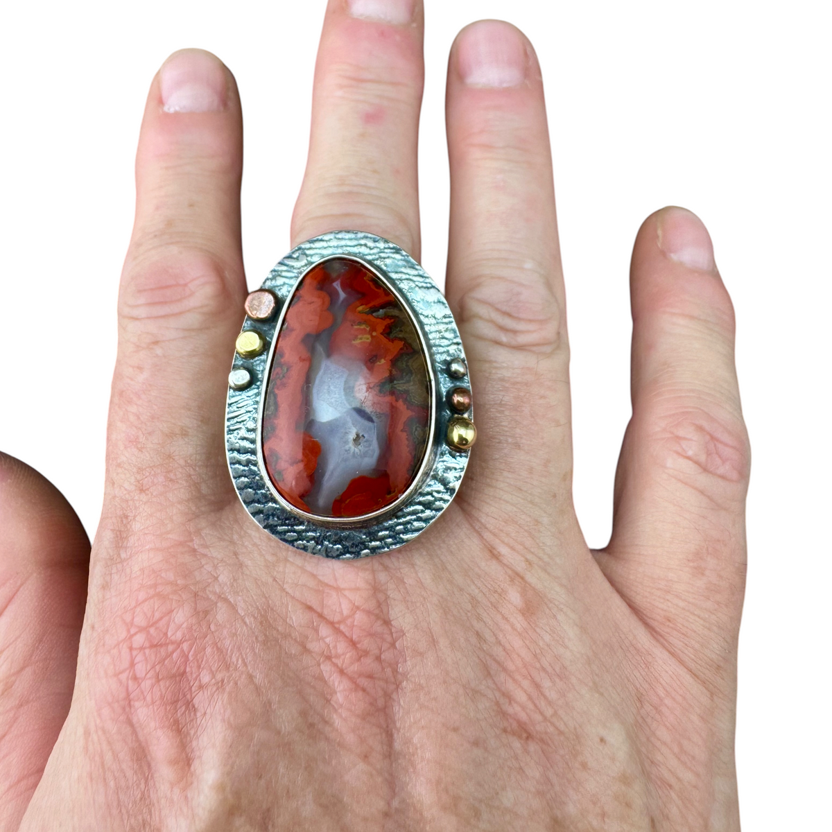 Moroccan Seam Agate ring worn on the hand