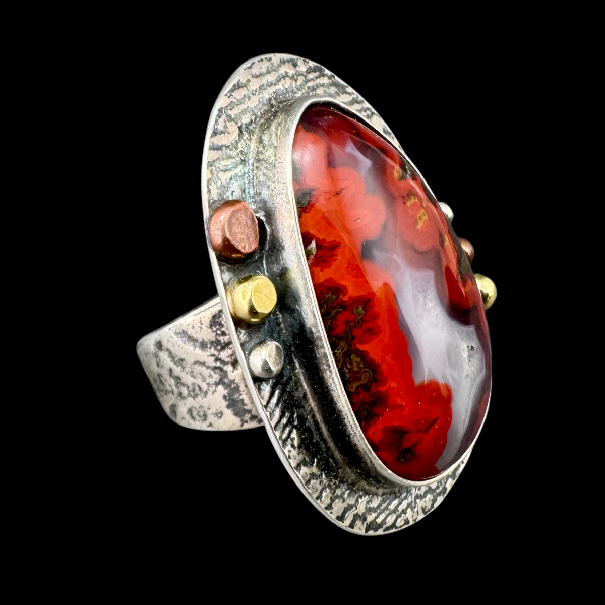 Moroccan Seam Agate ring in sterling silver with 18K gold and copper accents