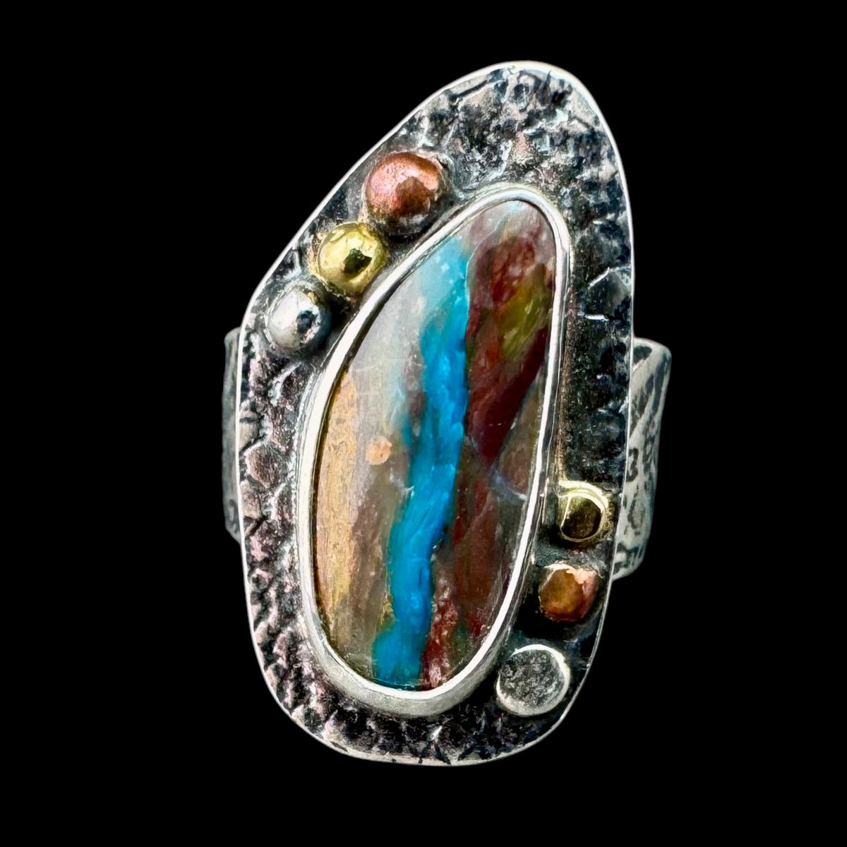 Opalized wood ring in sterling silver with 18K gold and copper accents