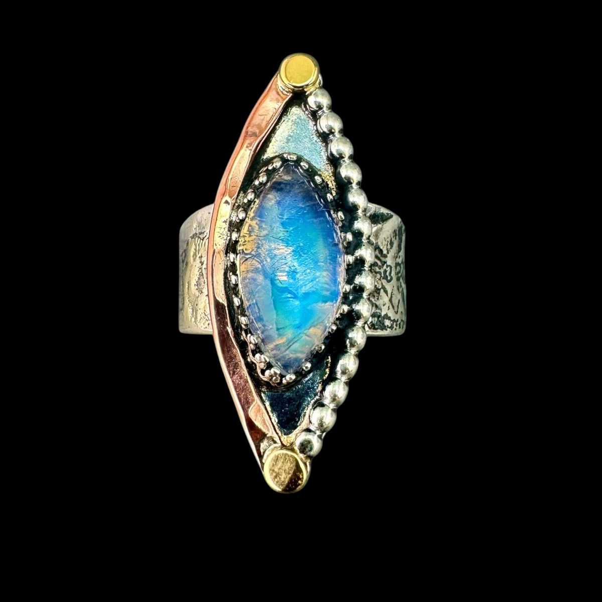 Rainbow Moonstone marquise ring in sterling silver with copper edge and 18K gold accents