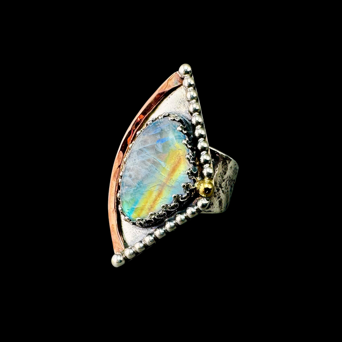 Rainbow Moonstone Satellite ring in sterling silver with copper arc and 18K gold accent