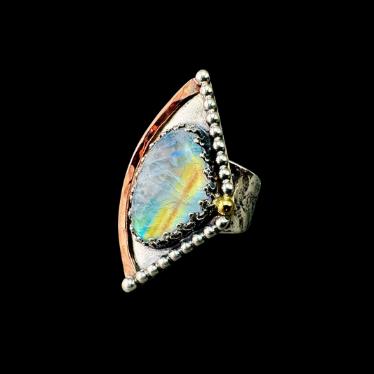 Rainbow Moonstone Satellite ring in sterling silver with copper arc and 18K gold accent