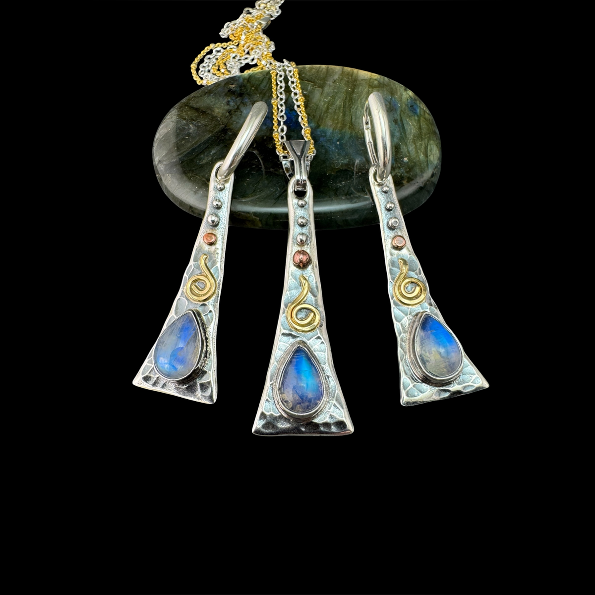 Rainbow Moonstone Triangle Flair earrings with the matching pendant, sold separately