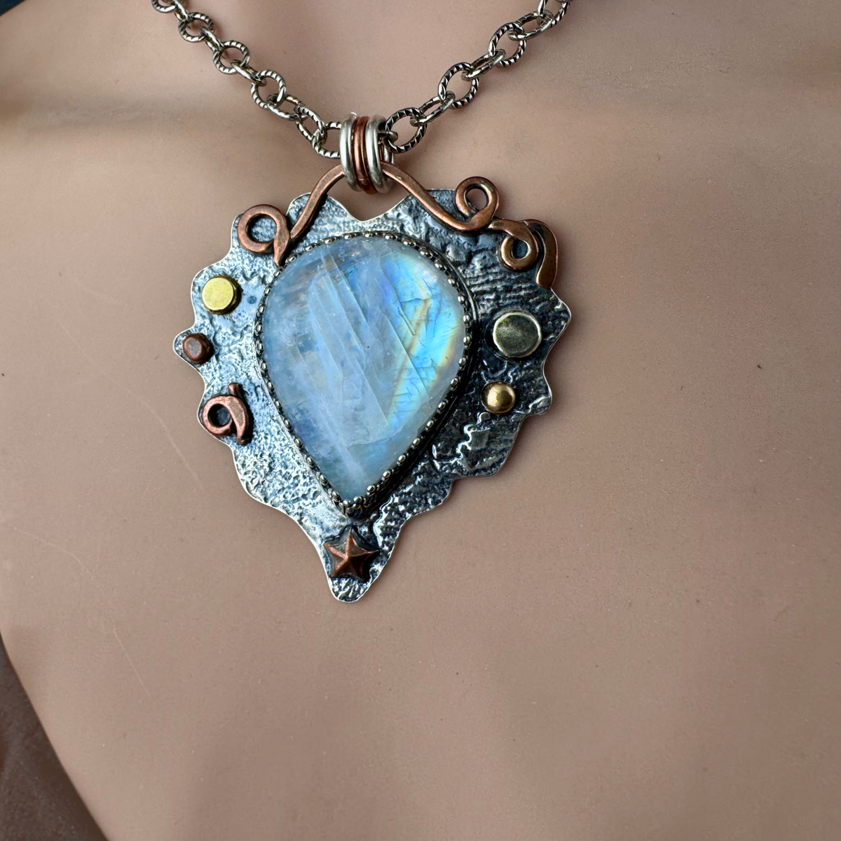 Rainbow Moonstone Heart Necklace worn