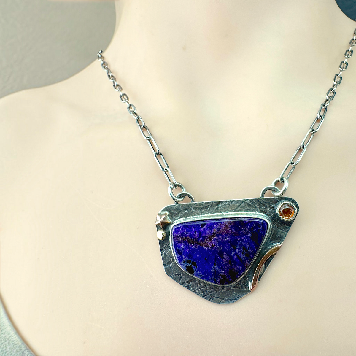 Sugilite Landscape Necklace worn